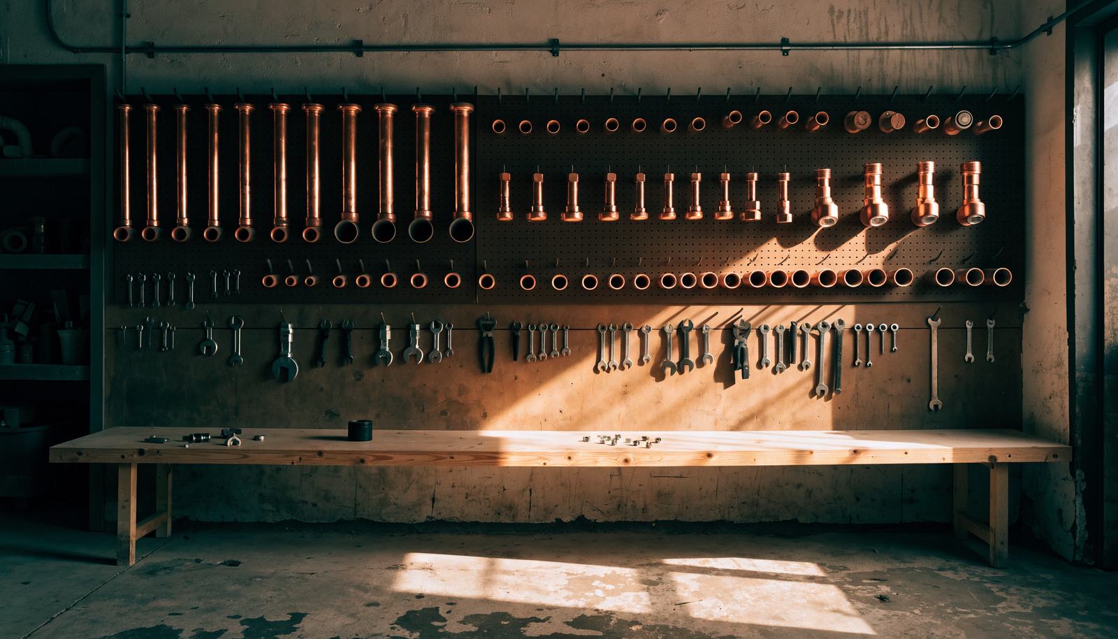 Mur d'atelier avec tubes et outils rangés, illustration